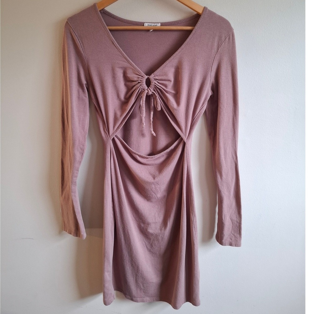Y2K Peekaboo Bodycon Purple Longsleeve Mini Dress Heart Hips Soft Cotton Rayon L